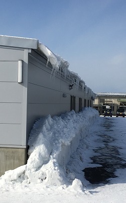 工場の寒さ対策の実測事例：秋田県の工場の冬。屋根の雪が軒先から垂れ下がり、壁際に雪が積み上がっている